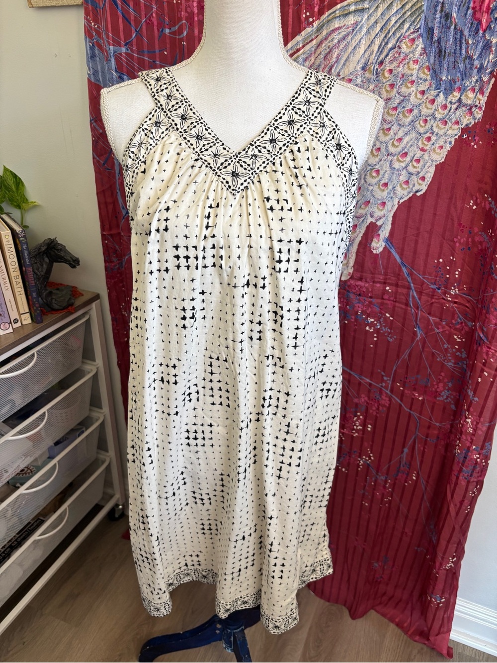 LOFT Cotton Cream Dress with Black Cross Print